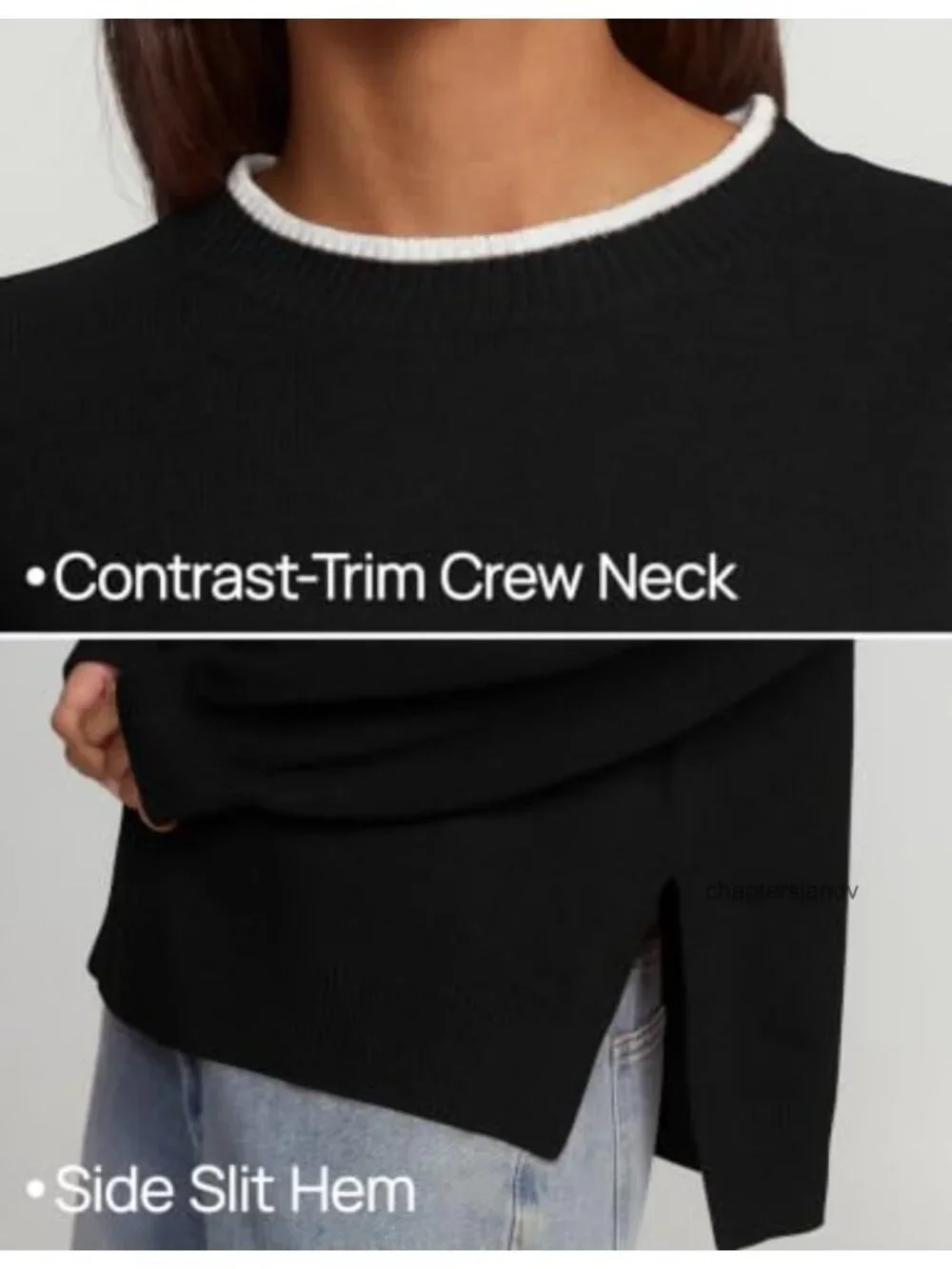 Oversized Batwing Sleeve Pullover Sweater Contrast Trim Crew Neck